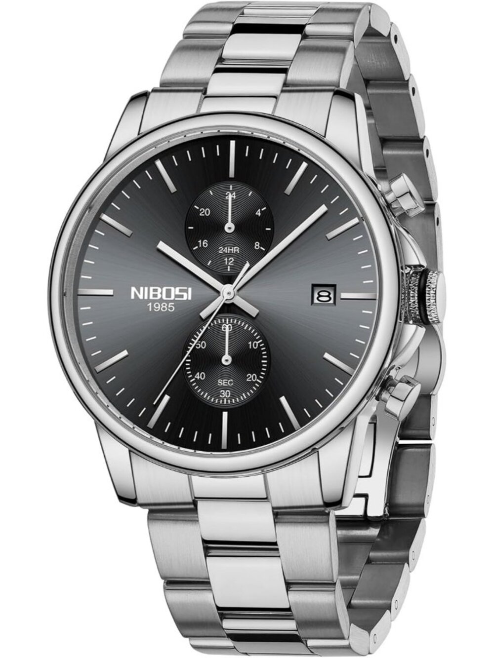Men's Silver Black Stainless Steel Quartz Waterproof Day Date Casual Wrist Watch